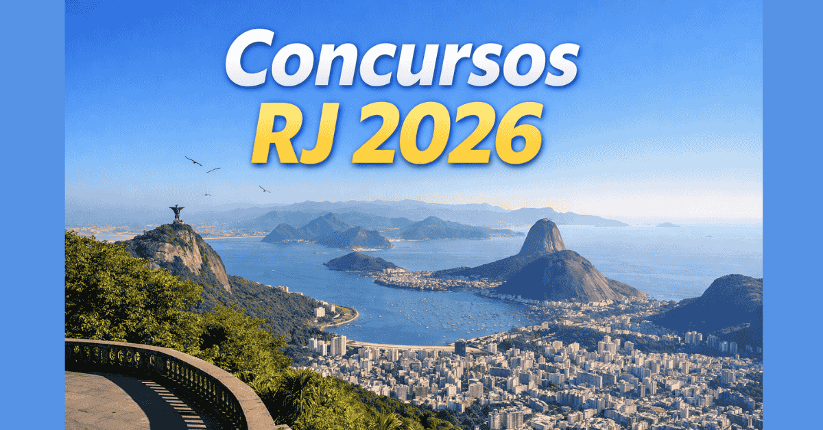 Vista panorâmica do Rio de Janeiro com o Cristo Redentor e o Pão de Açúcar ao fundo, destacando concursos públicos no RJ 2026 com editais abertos, vagas e salários.